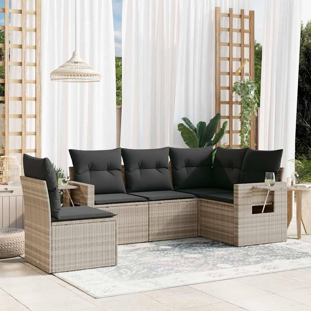 vidaXL 5-tlg. Garten-Sofagarnitur mit Kissen Hellgrau Poly Rattan