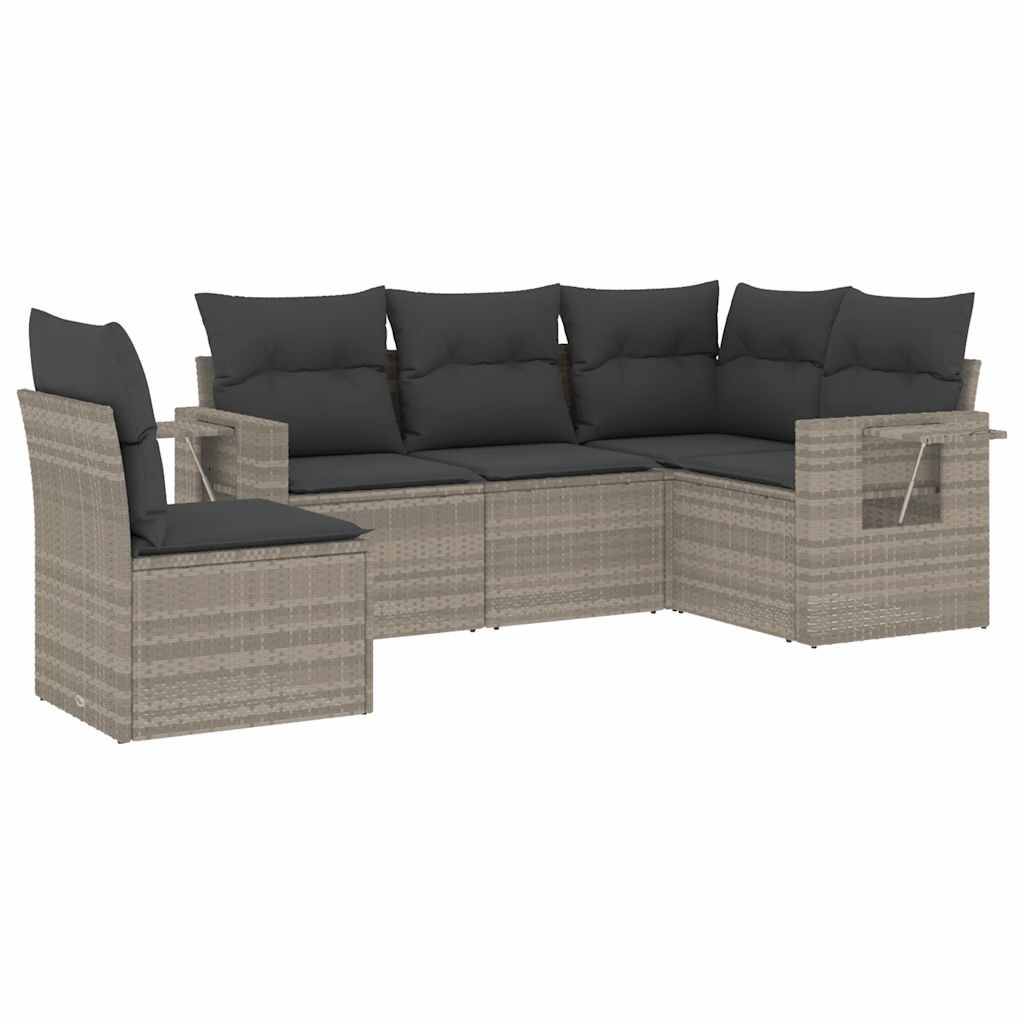 vidaXL 5-tlg. Garten-Sofagarnitur mit Kissen Hellgrau Poly Rattan