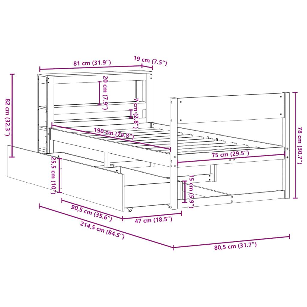 vidaXL Massivholzbett ohne Matratze Wachsbraun 75x190 cm Kiefernholz