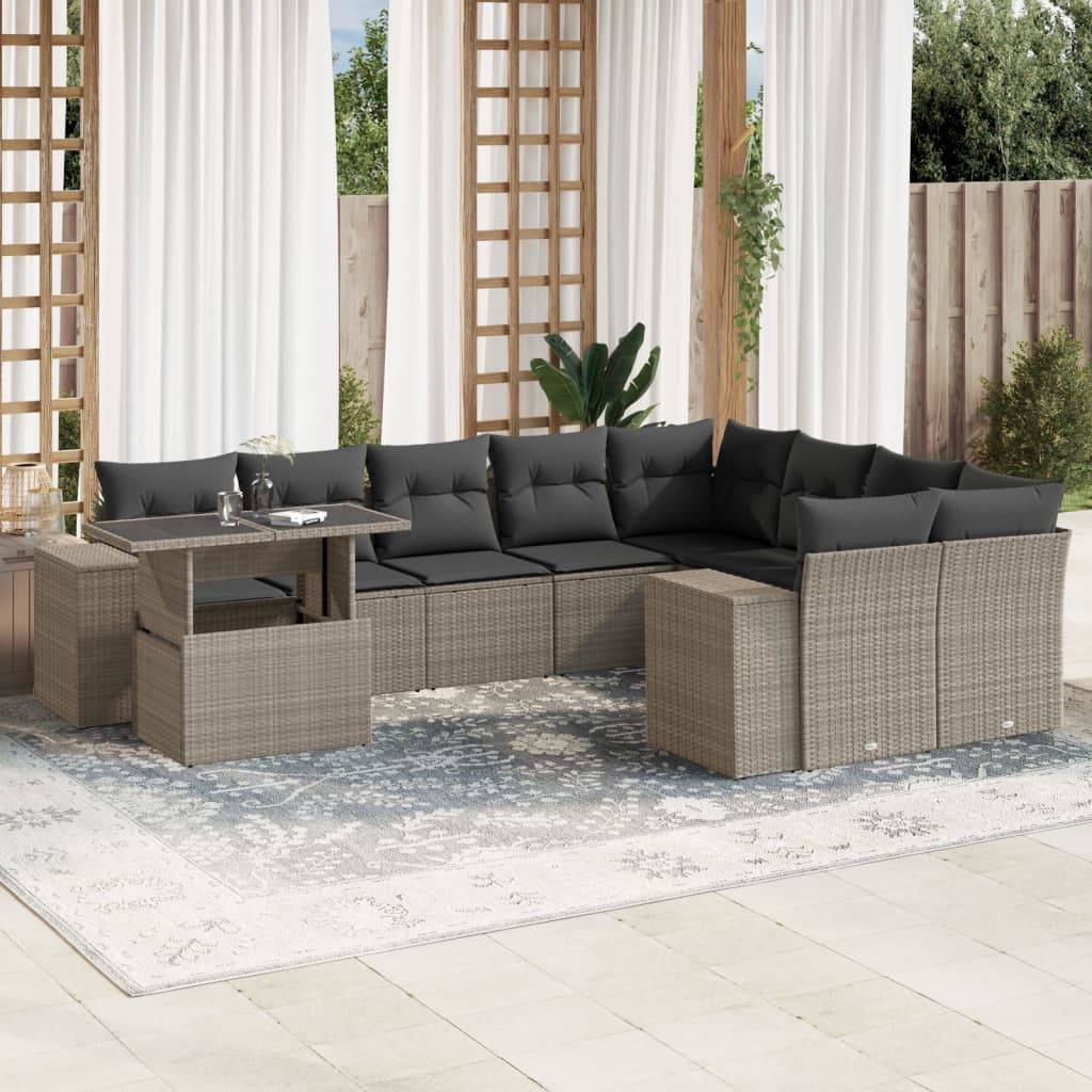 vidaXL 10-tlg. Garten-Sofagarnitur mit Kissen Hellgrau Poly Rattan
