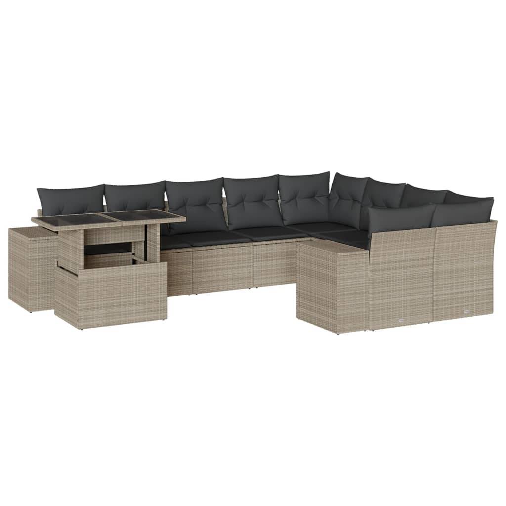vidaXL 10-tlg. Garten-Sofagarnitur mit Kissen Hellgrau Poly Rattan