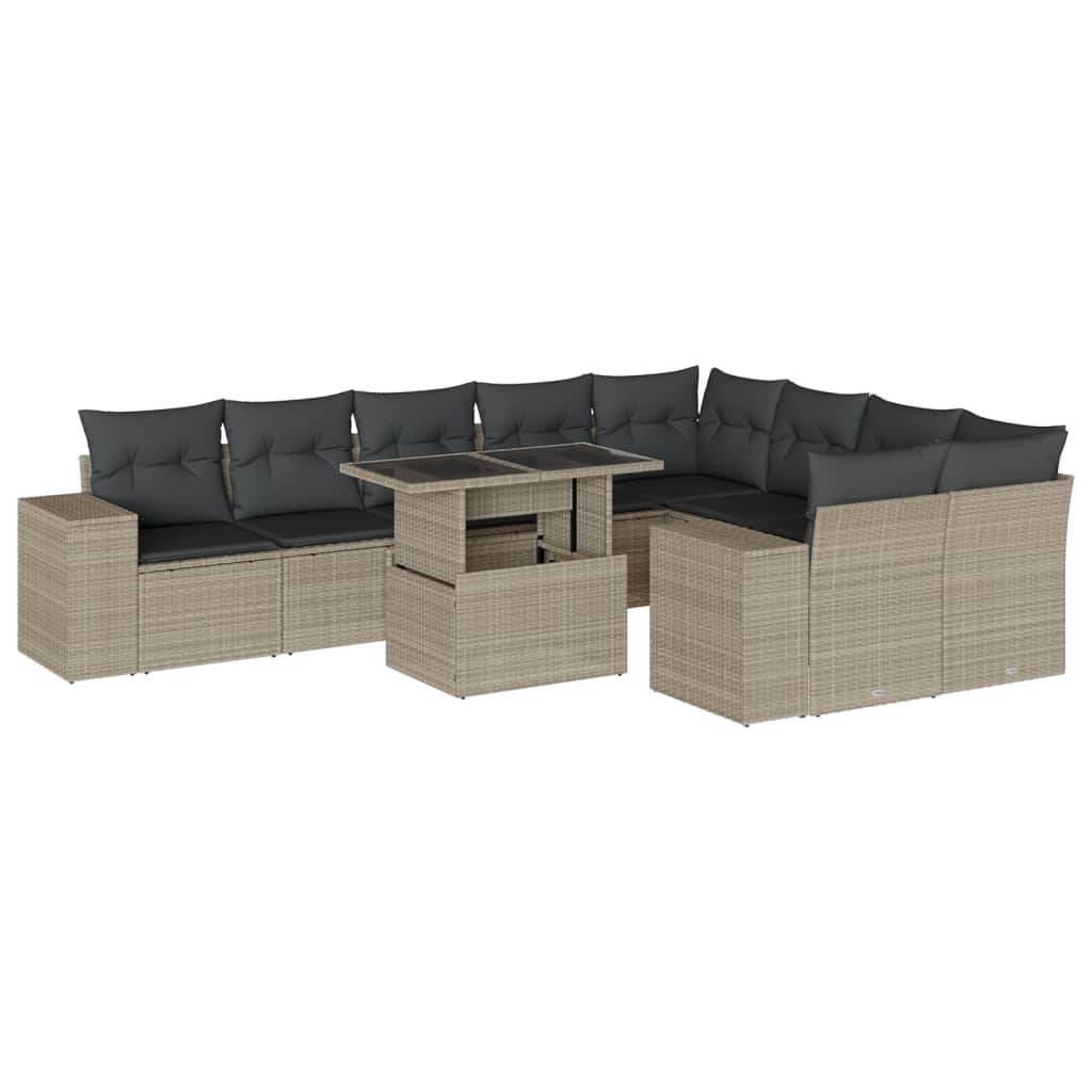 vidaXL 10-tlg. Garten-Sofagarnitur mit Kissen Hellgrau Poly Rattan
