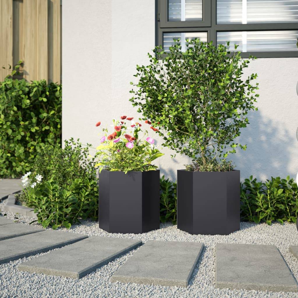 vidaXL Garten-Pflanzgefäße 2 Stück Schwarz Sechseckig 46x40x45 Stahl