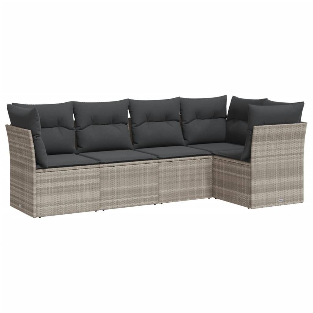 vidaXL 5-tlg. Garten-Sofagarnitur mit Kissen Hellgrau Poly Rattan