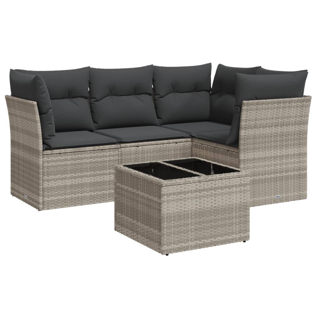 vidaXL 5-tlg. Garten-Sofagarnitur mit Kissen Hellgrau Poly Rattan