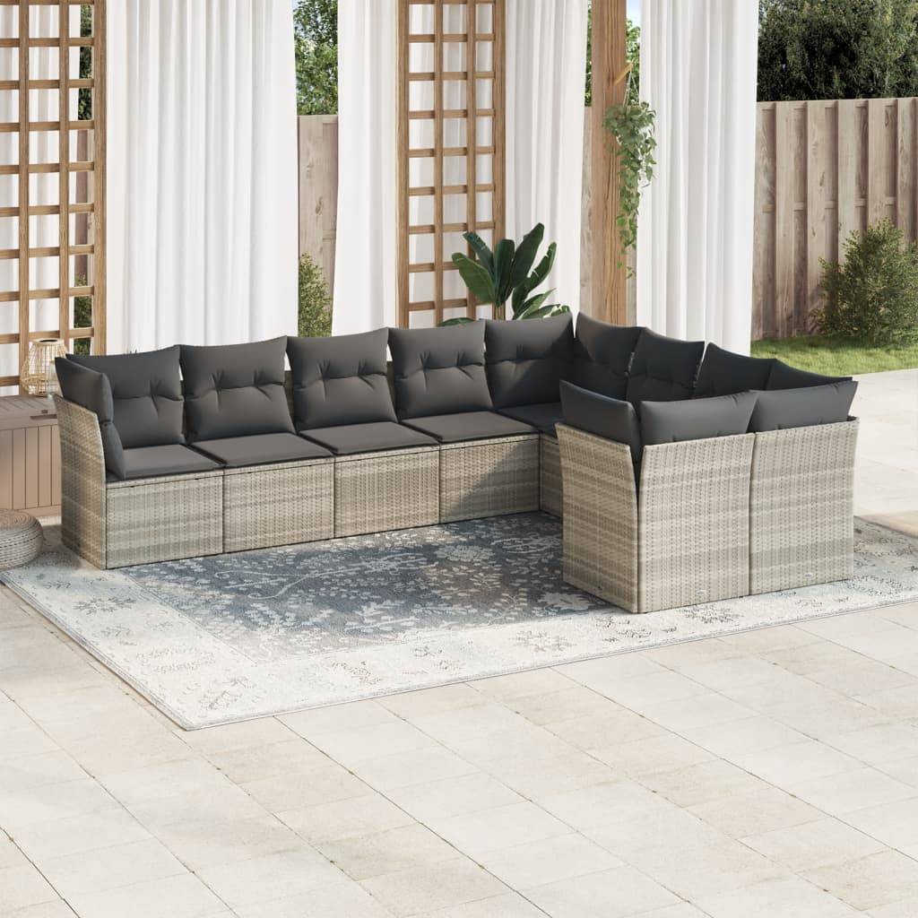 vidaXL 9-tlg. Garten-Sofagarnitur mit Kissen Hellgrau Poly Rattan