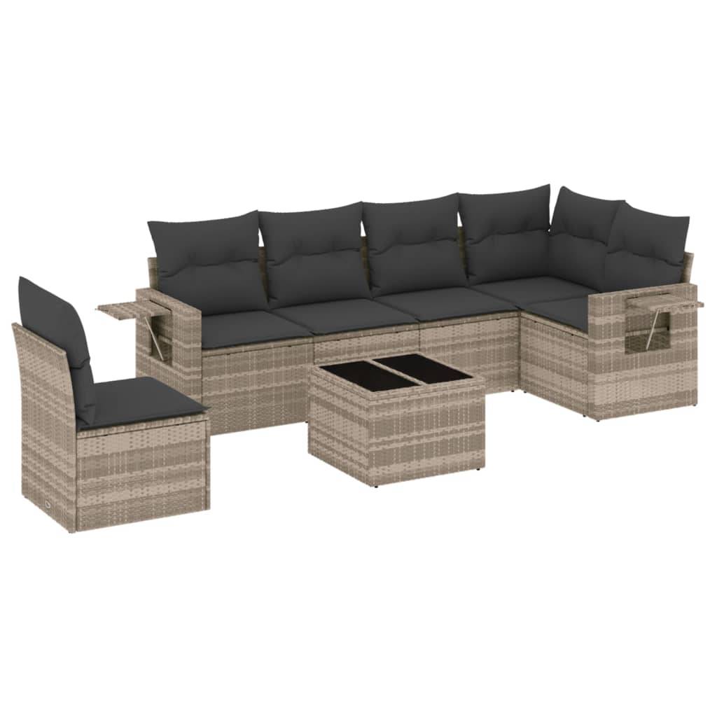 vidaXL 7-tlg. Garten-Sofagarnitur mit Kissen Hellgrau Poly Rattan