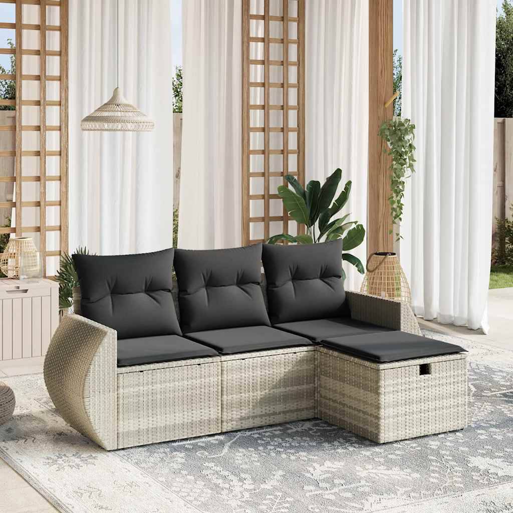 vidaXL 4-tlg. Garten-Sofagarnitur mit Kissen Hellgrau Poly Rattan