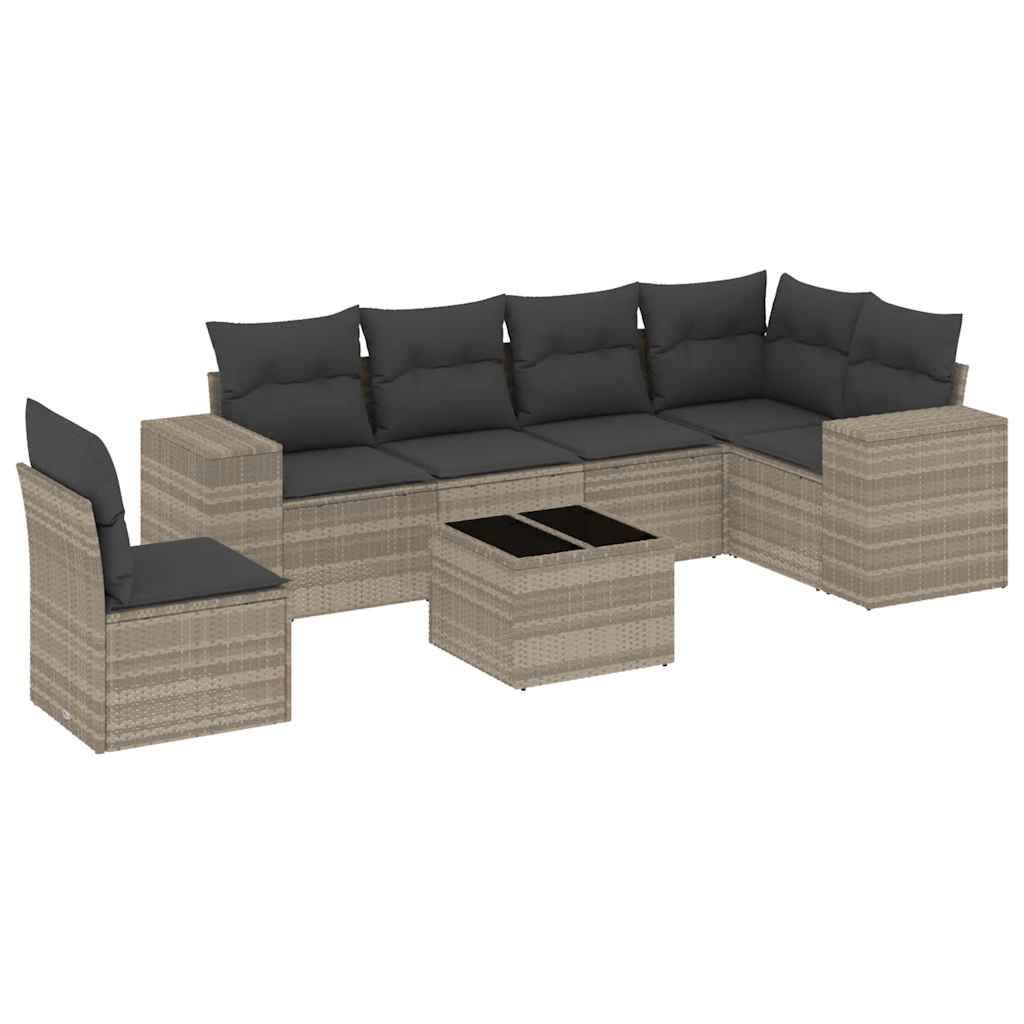 vidaXL 7-tlg. Garten-Sofagarnitur mit Kissen Hellgrau Poly Rattan
