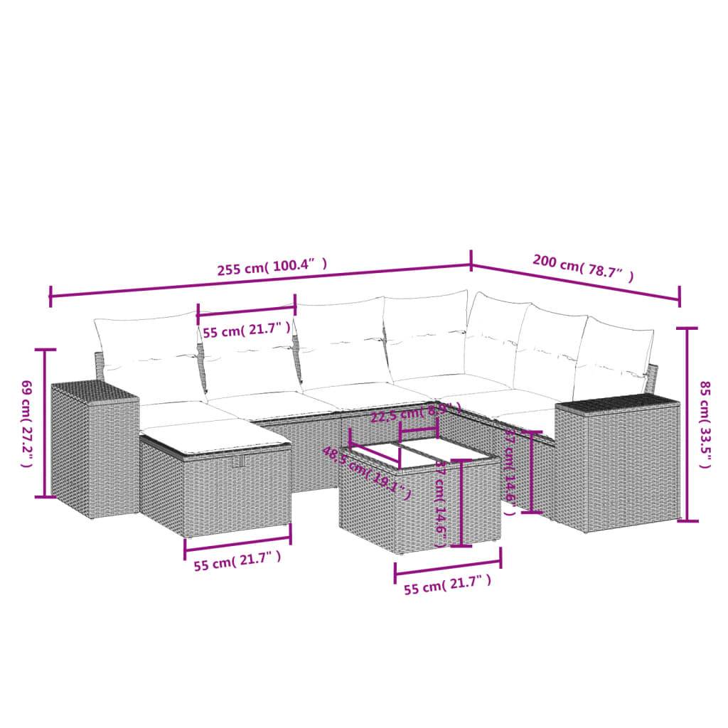 vidaXL 8-tlg. Garten-Sofagarnitur mit Kissen Hellgrau Poly Rattan