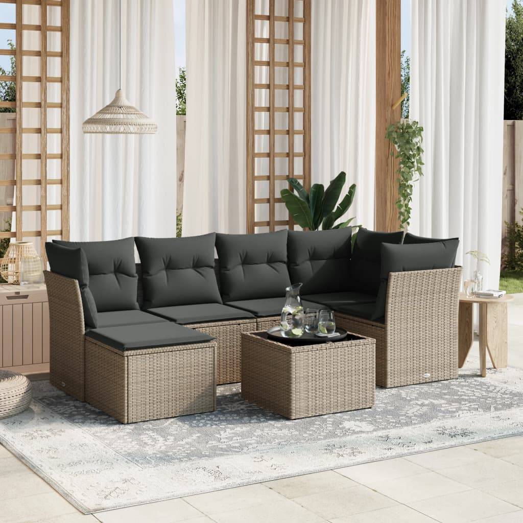 vidaXL 7-tlg. Garten-Sofagarnitur mit Kissen Hellgrau Poly Rattan