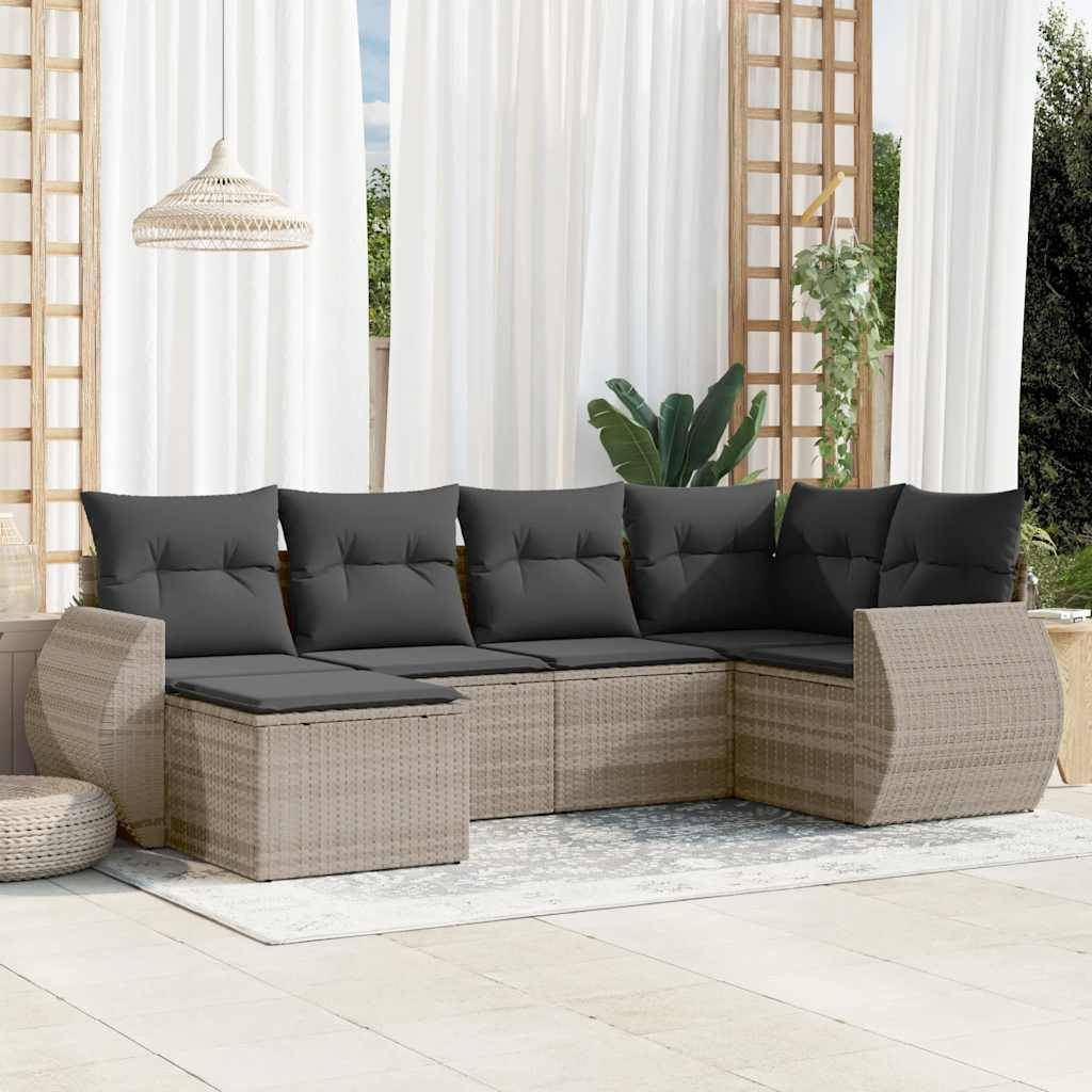 vidaXL 6-tlg. Garten-Sofagarnitur mit Kissen Hellgrau Poly Rattan
