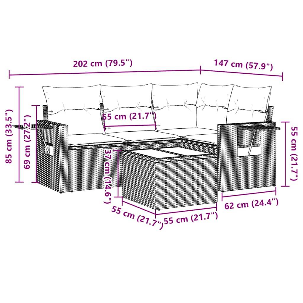 vidaXL 5-tlg. Garten-Sofagarnitur mit Kissen Hellgrau Poly Rattan