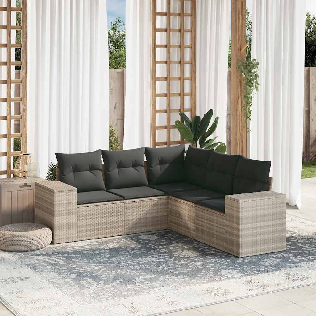 vidaXL 5-tlg. Garten-Sofagarnitur mit Kissen Hellgrau Poly Rattan