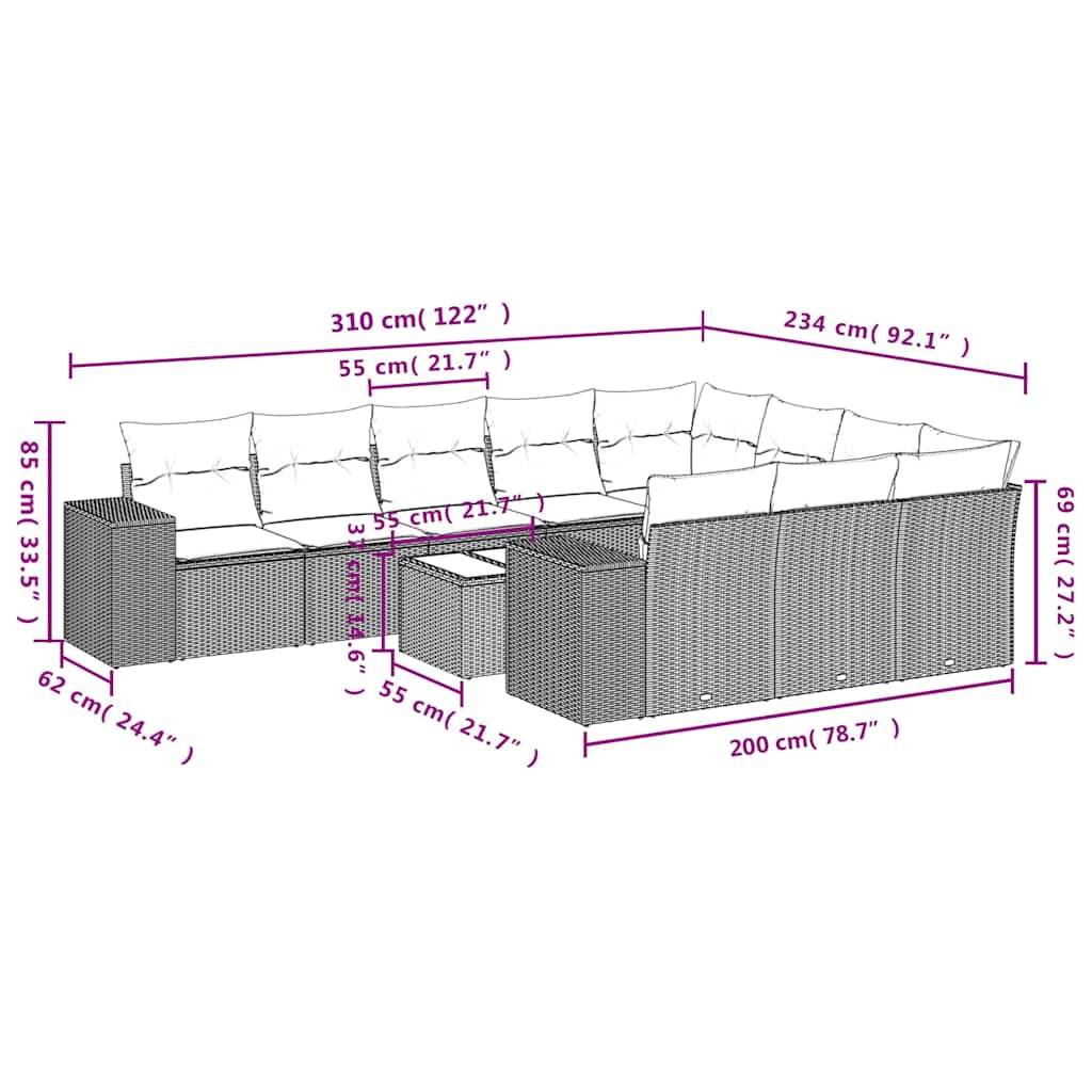 vidaXL 11-tlg. Garten-Sofagarnitur mit Kissen Hellgrau Poly Rattan