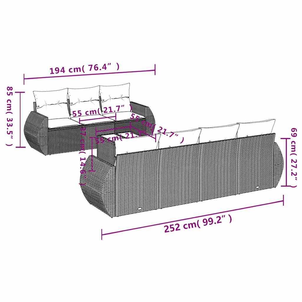 vidaXL 8-tlg. Garten-Sofagarnitur mit Kissen Hellgrau Poly Rattan