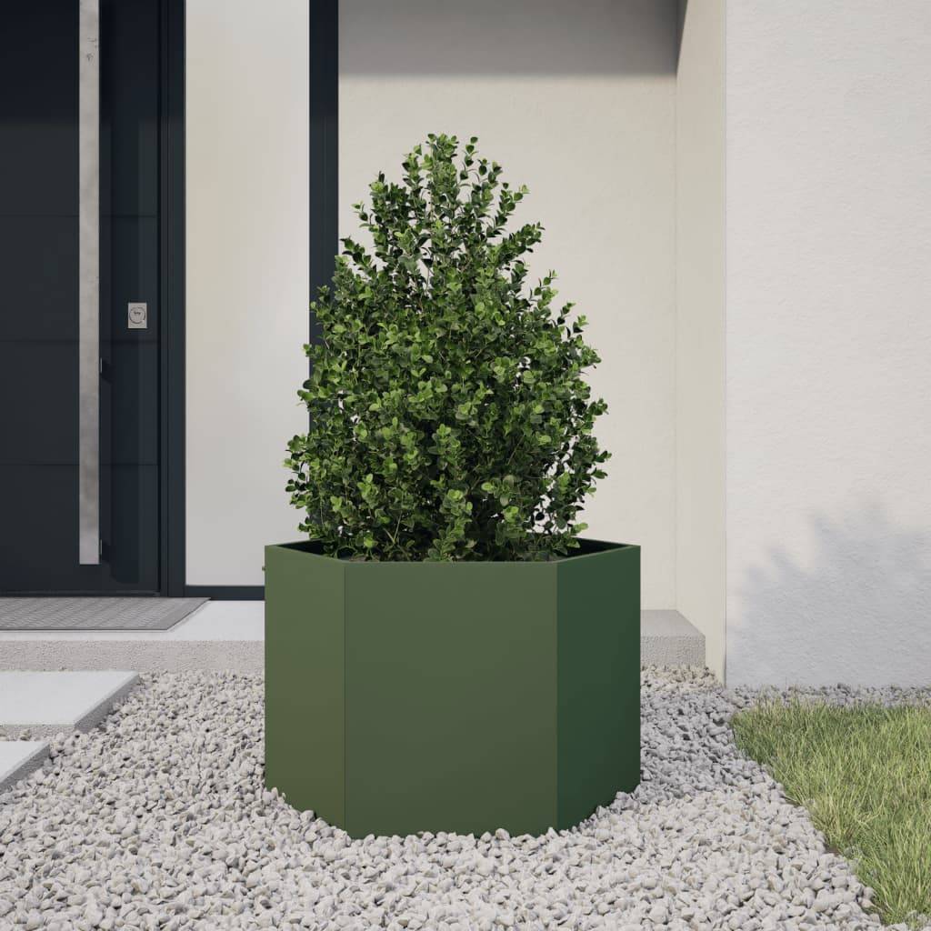 vidaXL Pflanzkübel Olivgrün Sechseckig 69x60x45 Stahl