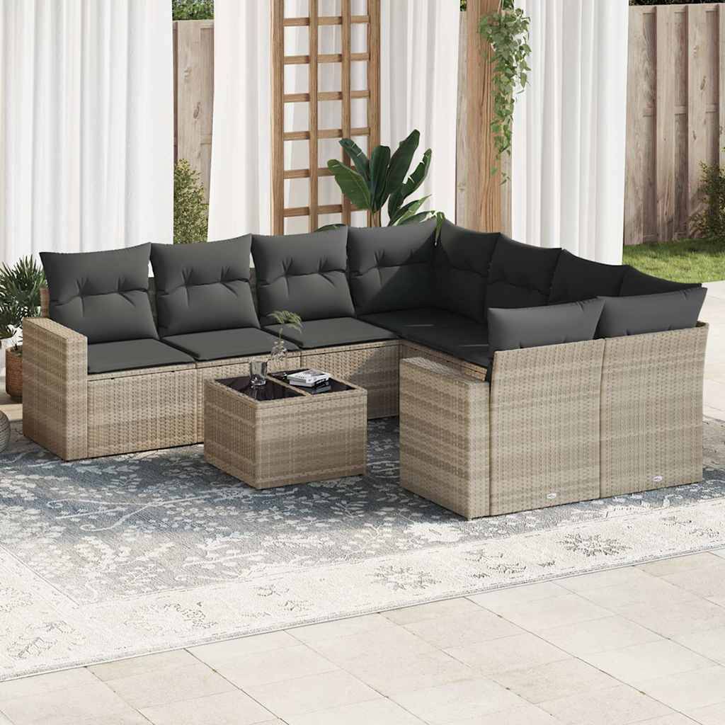 vidaXL 9-tlg. Garten-Sofagarnitur mit Kissen Hellgrau Poly Rattan