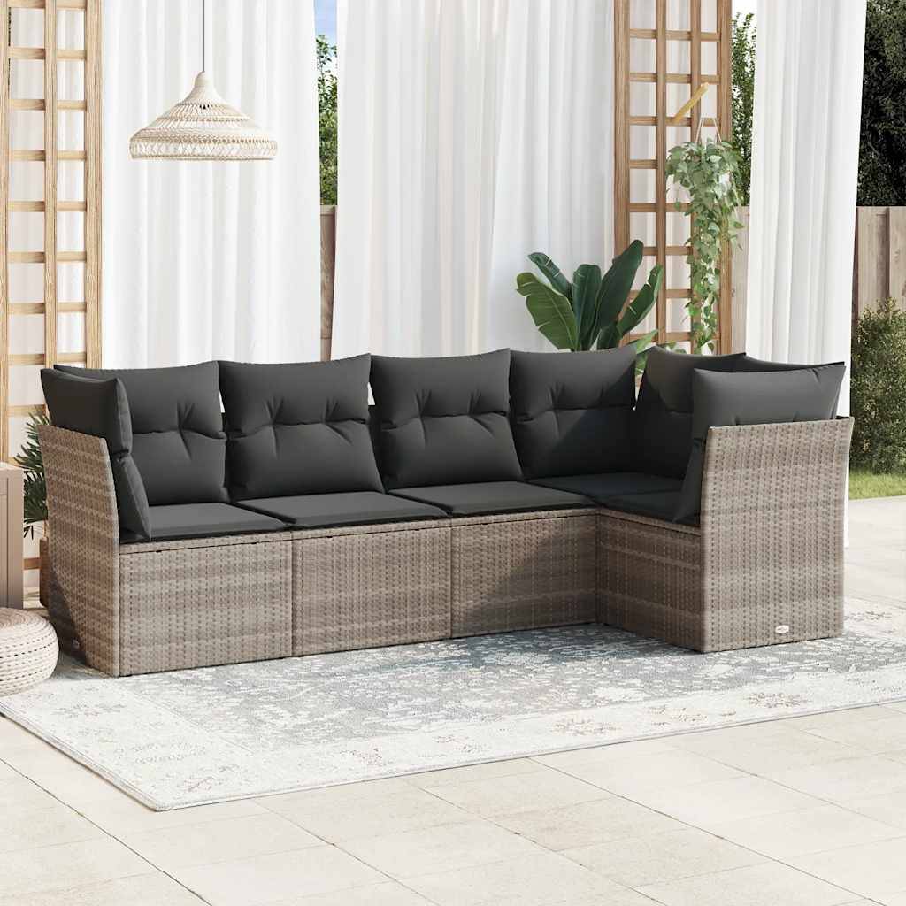 vidaXL 5-tlg. Garten-Sofagarnitur mit Kissen Hellgrau Poly Rattan