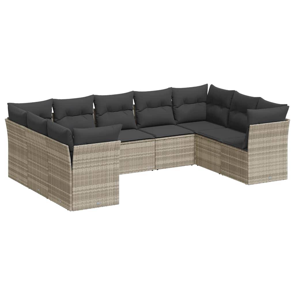 vidaXL 9-tlg. Garten-Sofagarnitur mit Kissen Hellgrau Poly Rattan