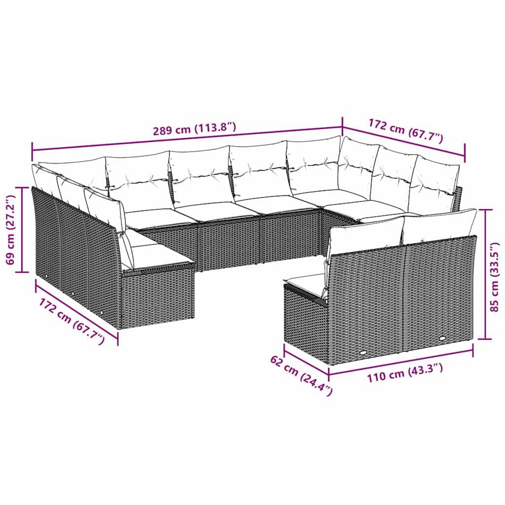 vidaXL 11-tlg. Garten-Sofagarnitur mit Kissen Hellgrau Poly Rattan