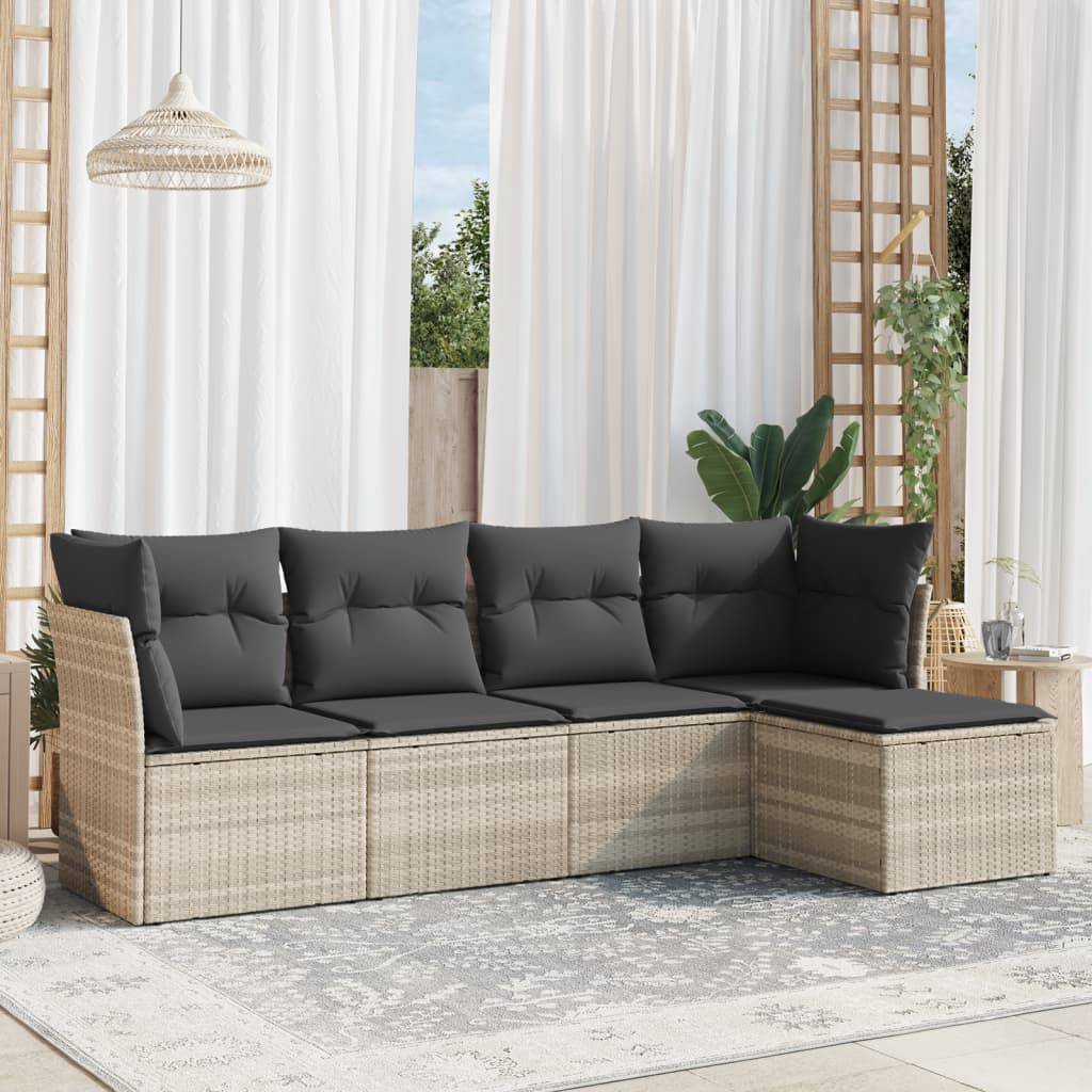 vidaXL 5-tlg. Garten-Sofagarnitur mit Kissen Hellgrau Poly Rattan