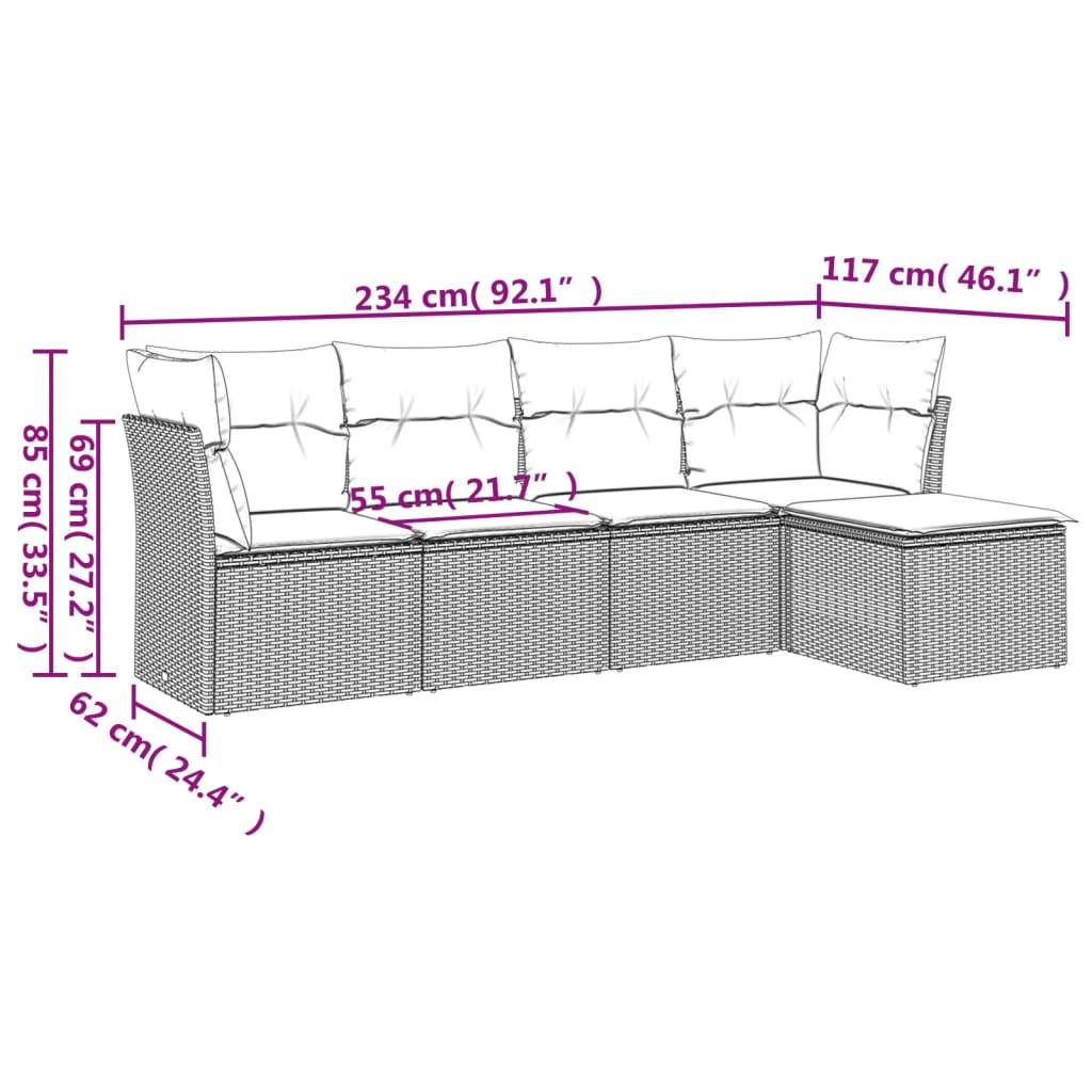 vidaXL 5-tlg. Garten-Sofagarnitur mit Kissen Hellgrau Poly Rattan