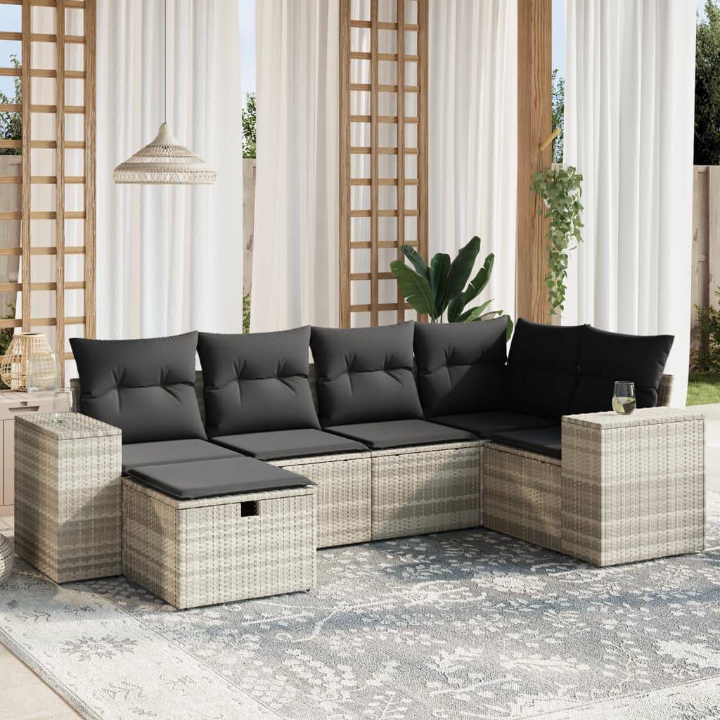 vidaXL 6-tlg. Garten-Sofagarnitur mit Kissen Hellgrau Poly Rattan