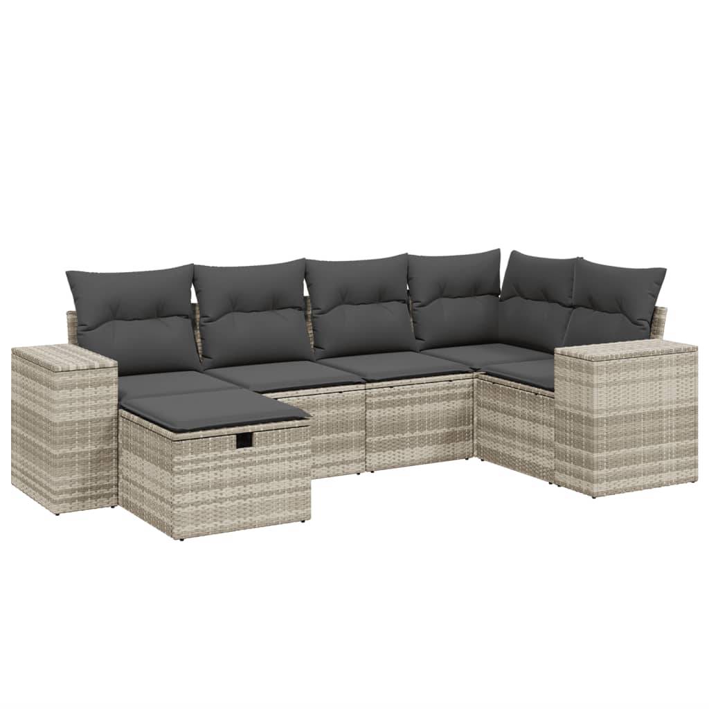 vidaXL 6-tlg. Garten-Sofagarnitur mit Kissen Hellgrau Poly Rattan