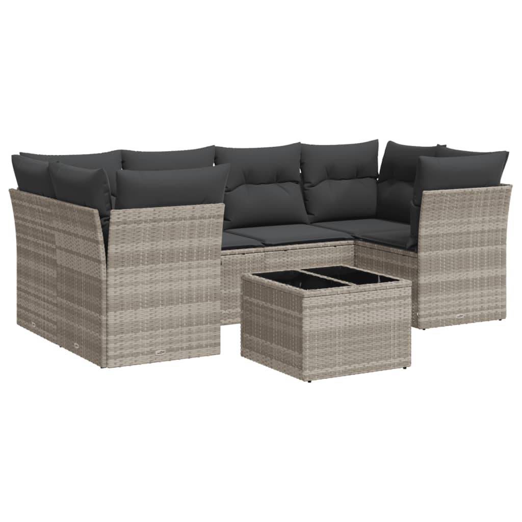 vidaXL 7-tlg. Garten-Sofagarnitur mit Kissen Hellgrau Poly Rattan