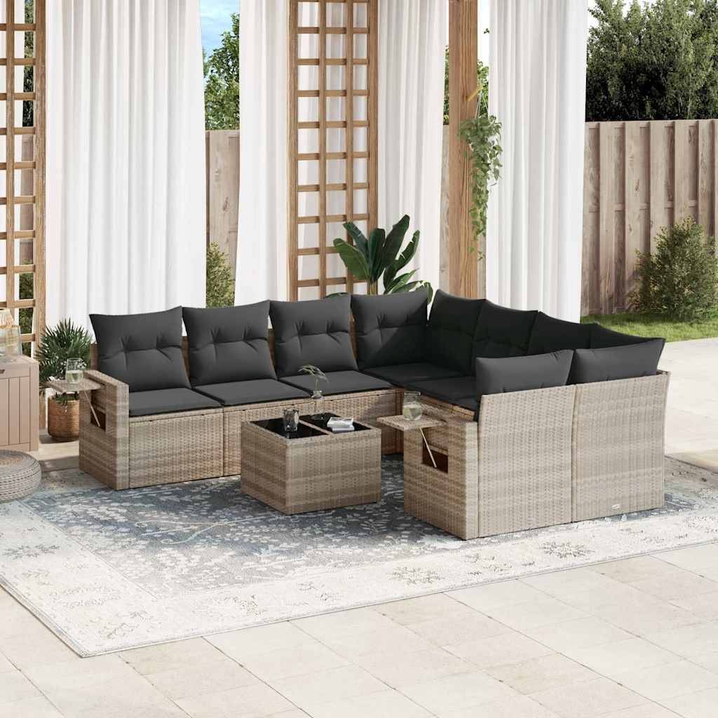 vidaXL 9-tlg. Garten-Sofagarnitur mit Kissen Hellgrau Poly Rattan