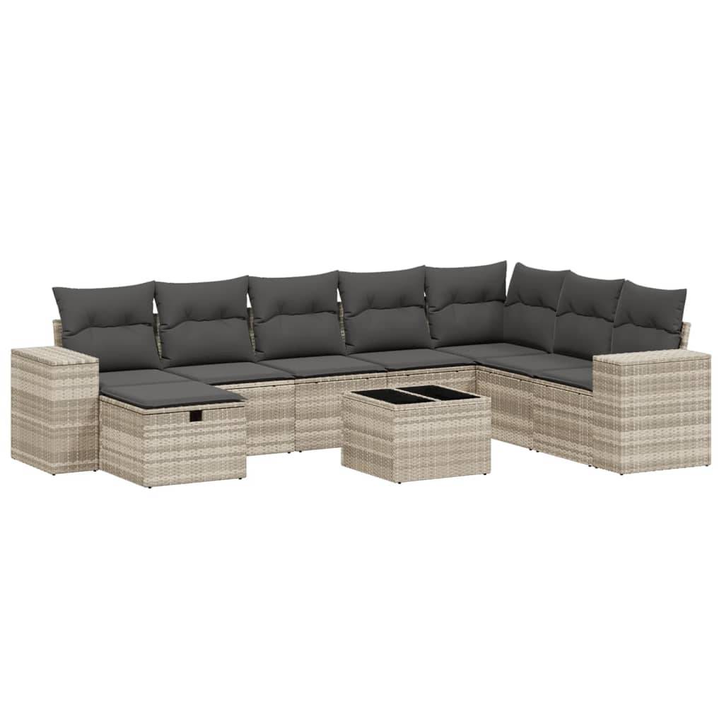 vidaXL 9-tlg. Garten-Sofagarnitur mit Kissen Hellgrau Poly Rattan