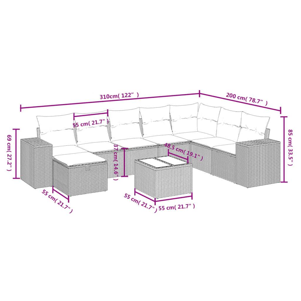 vidaXL 9-tlg. Garten-Sofagarnitur mit Kissen Hellgrau Poly Rattan