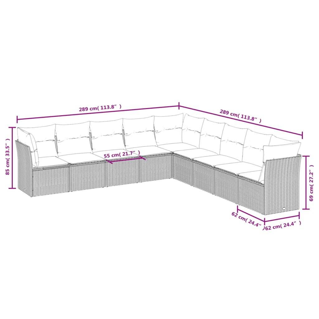 vidaXL 9-tlg. Garten-Sofagarnitur mit Kissen Hellgrau Poly Rattan