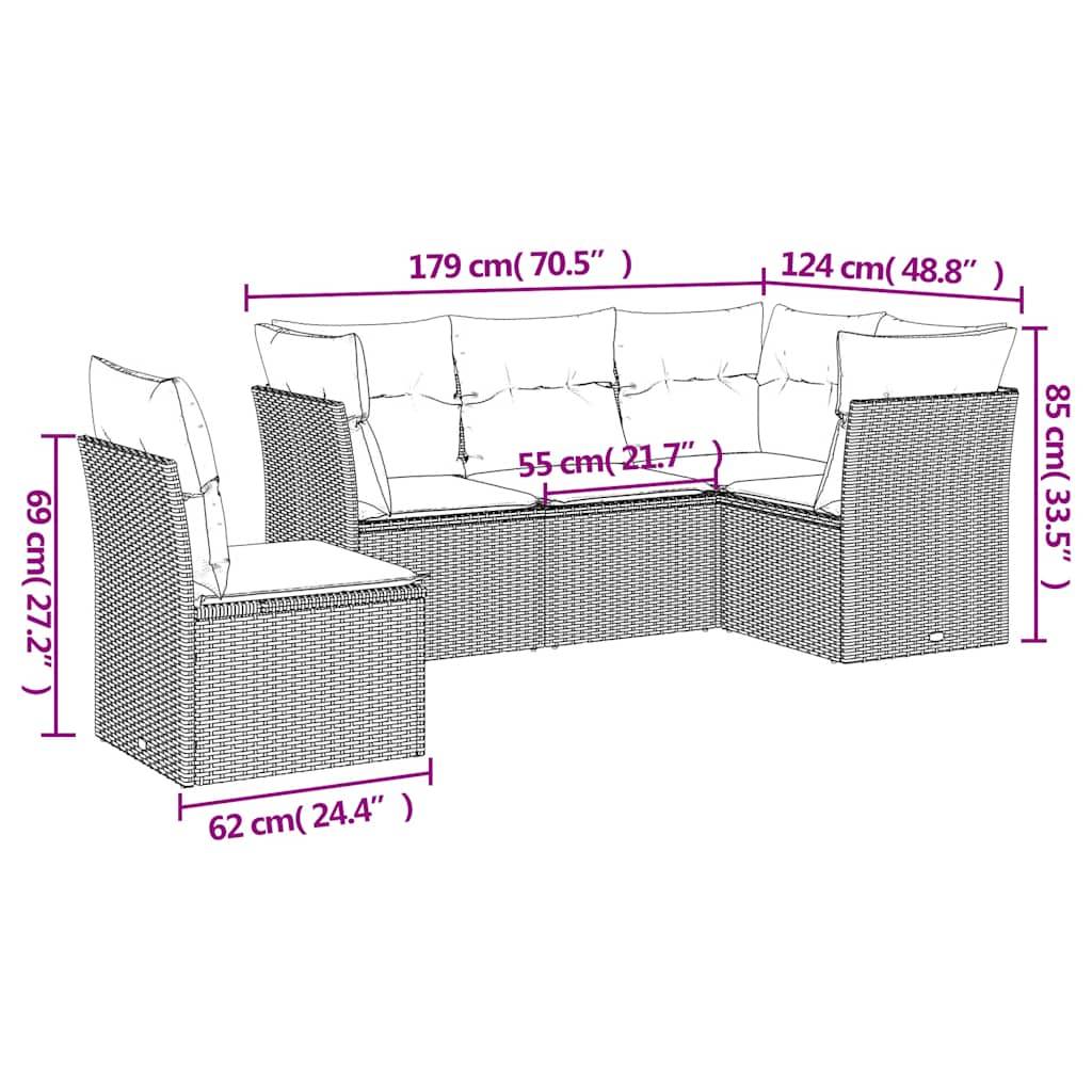 vidaXL 5-tlg. Garten-Sofagarnitur mit Kissen Hellgrau Poly Rattan