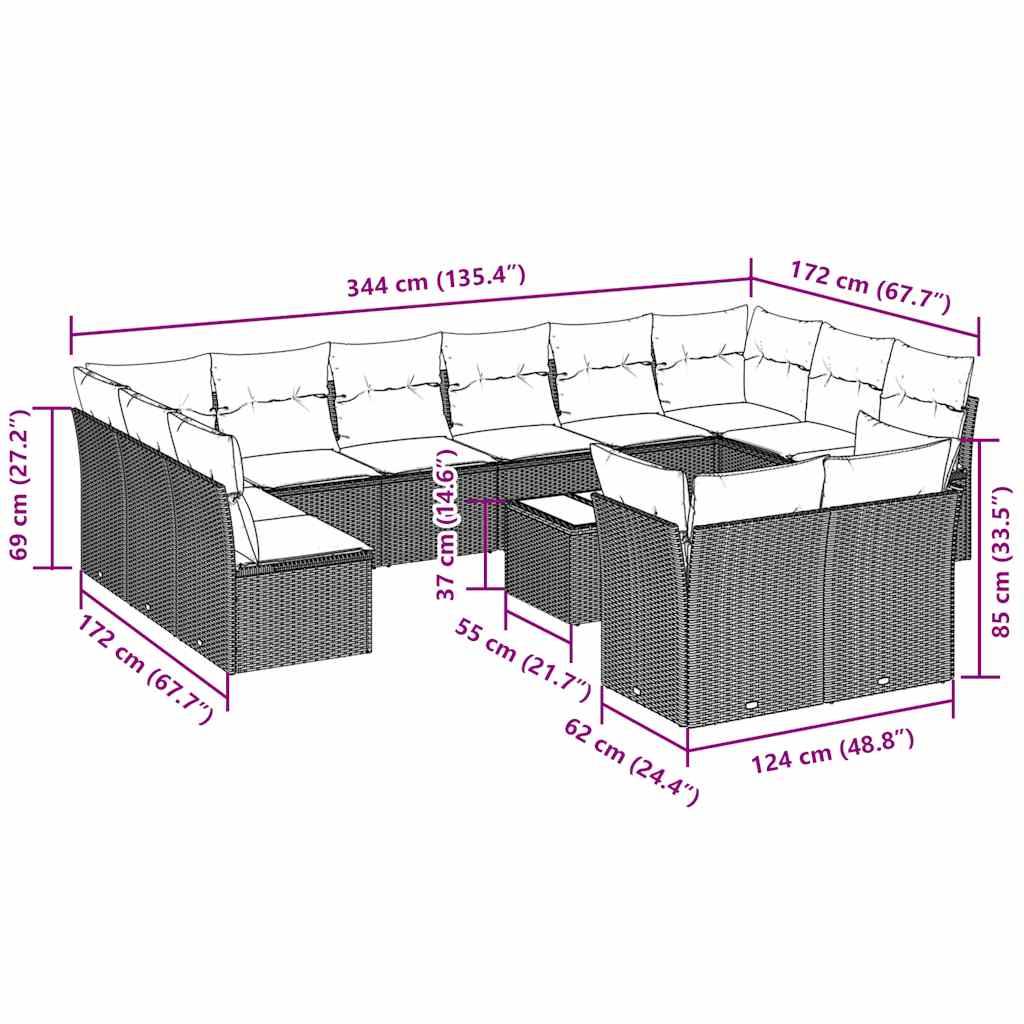 vidaXL 13-tlg. Garten-Sofagarnitur mit Kissen Hellgrau Poly Rattan