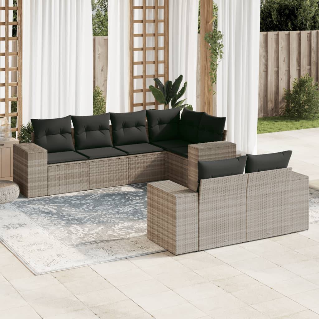 vidaXL 7-tlg. Garten-Sofagarnitur mit Kissen Hellgrau Poly Rattan