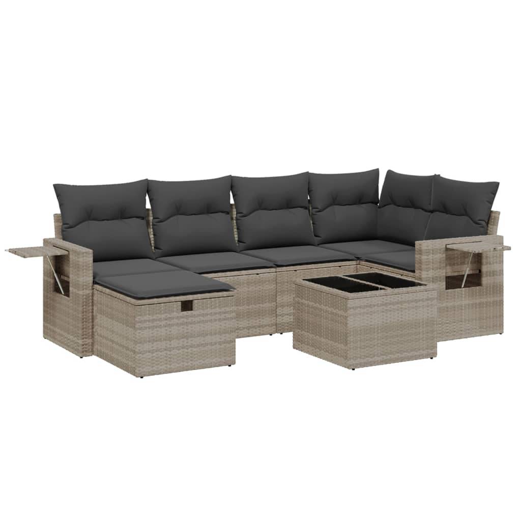 vidaXL 7-tlg. Garten-Sofagarnitur mit Kissen Hellgrau Poly Rattan