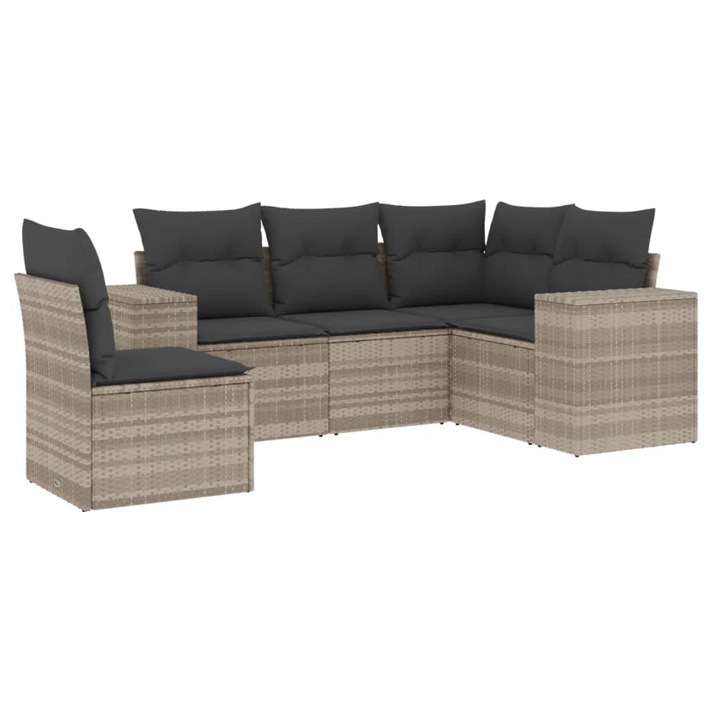 vidaXL 5-tlg. Garten-Sofagarnitur mit Kissen Hellgrau Poly Rattan