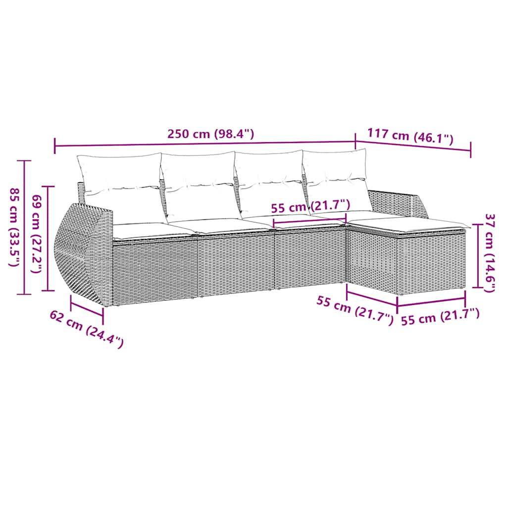 vidaXL 5-tlg. Garten-Sofagarnitur mit Kissen Hellgrau Poly Rattan