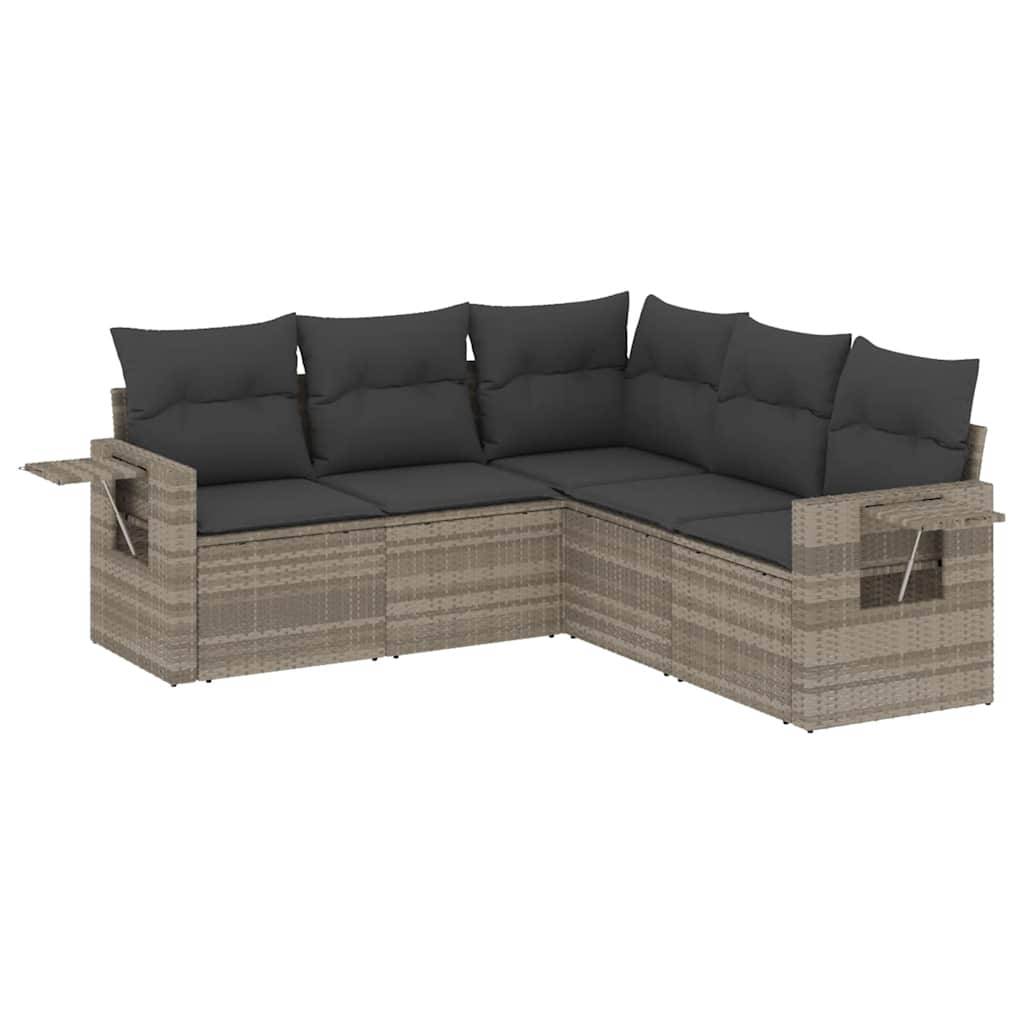 vidaXL 5-tlg. Garten-Sofagarnitur mit Kissen Hellgrau Poly Rattan