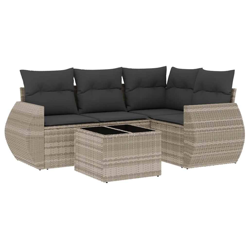 vidaXL 5-tlg. Garten-Sofagarnitur mit Kissen Hellgrau Poly Rattan