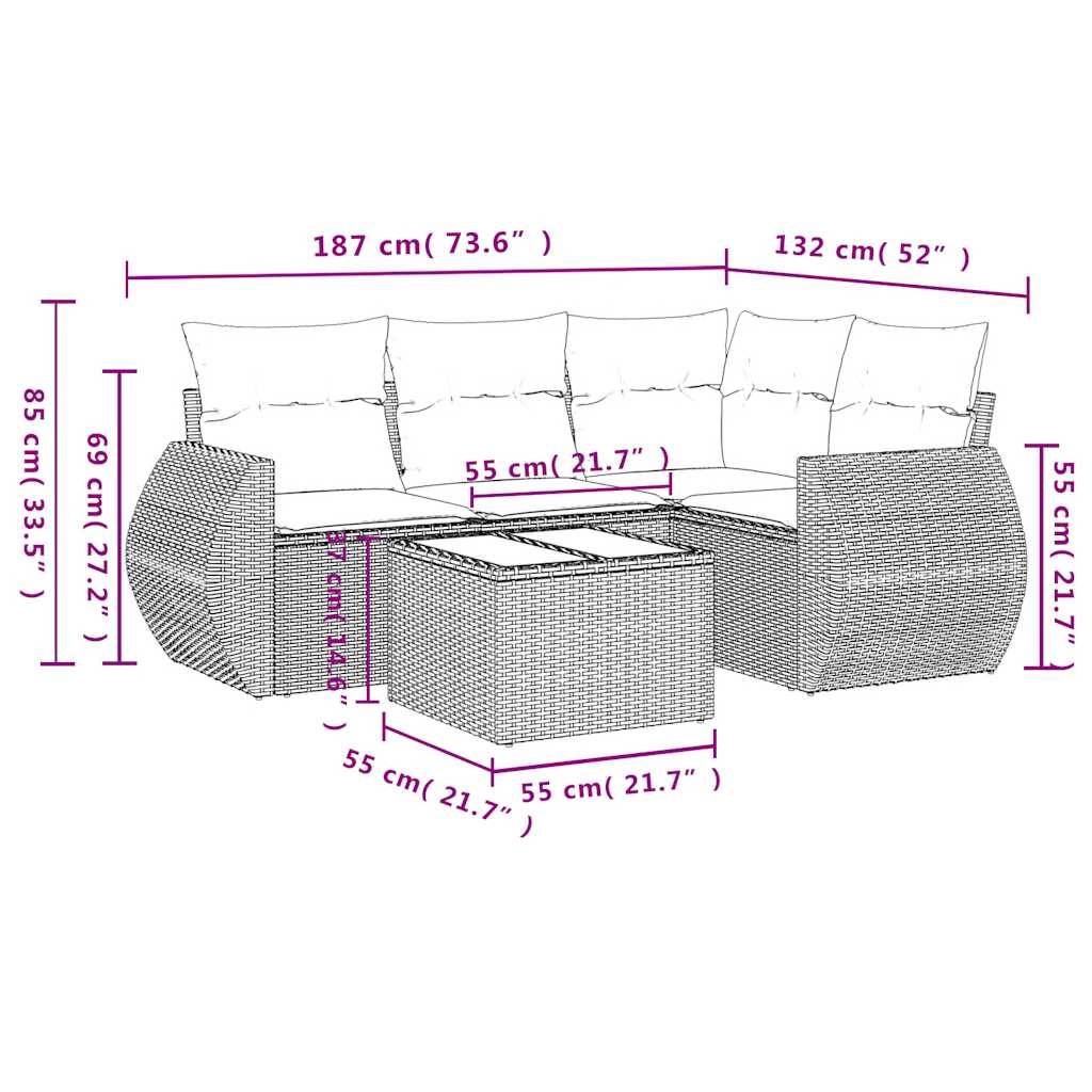 vidaXL 5-tlg. Garten-Sofagarnitur mit Kissen Hellgrau Poly Rattan