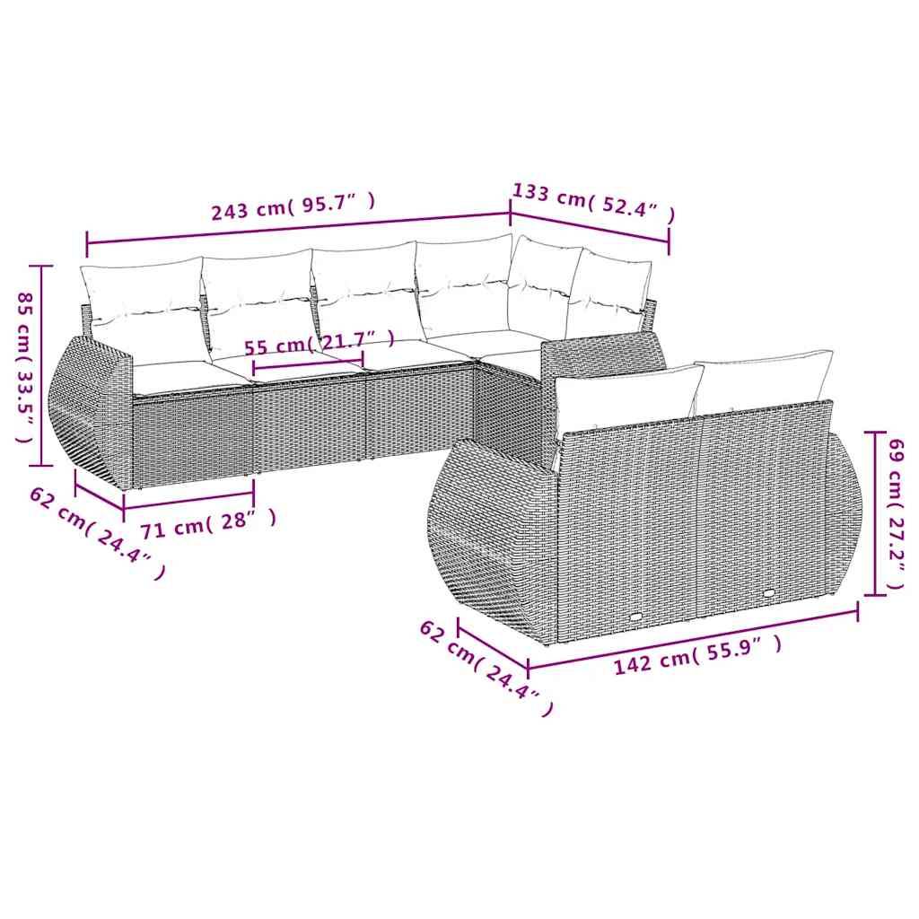 vidaXL 7-tlg. Garten-Sofagarnitur mit Kissen Hellgrau Poly Rattan