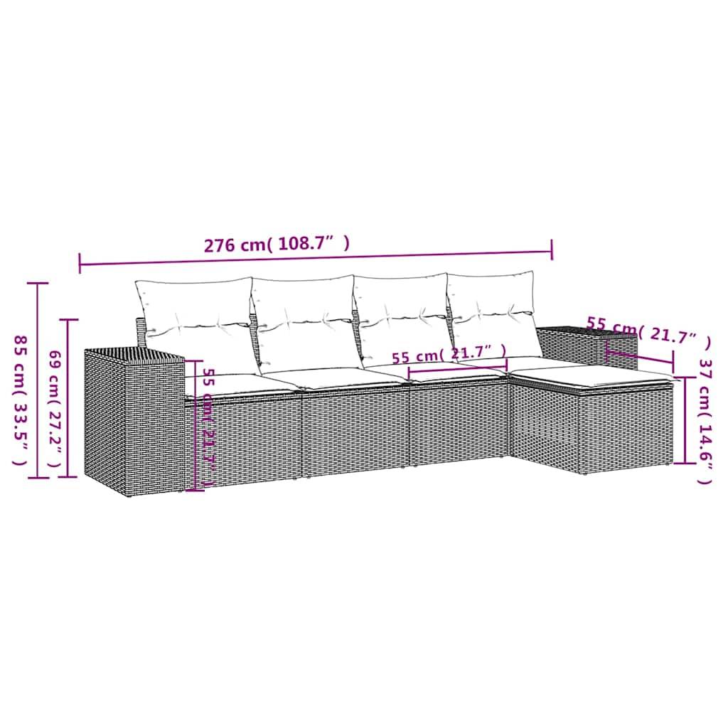 vidaXL 5-tlg. Garten-Sofagarnitur mit Kissen Hellgrau Poly Rattan