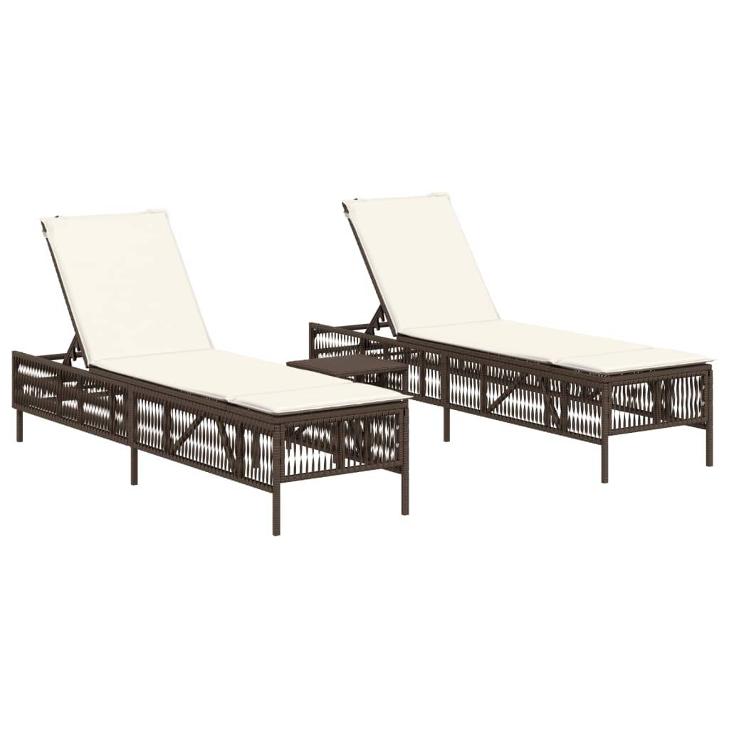 vidaXL Sonnenliegen 2 Stk. mit Tisch Braun Poly Rattan