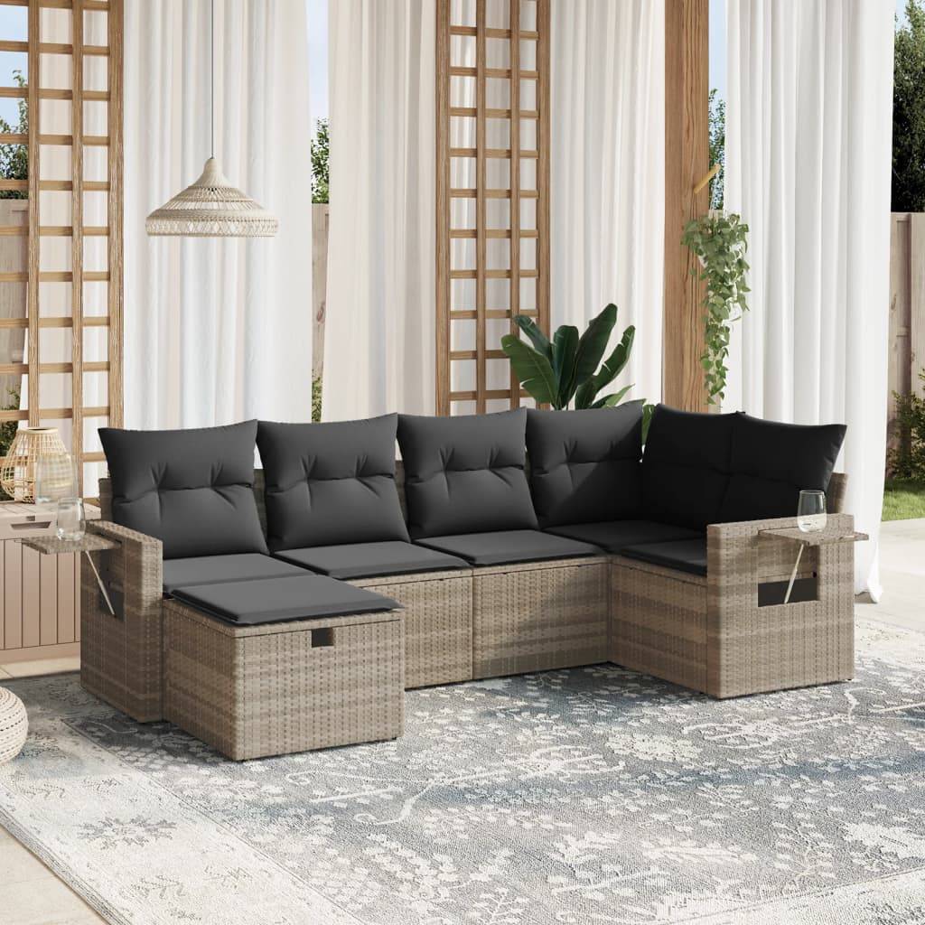 vidaXL 6-tlg. Garten-Sofagarnitur mit Kissen Hellgrau Poly Rattan