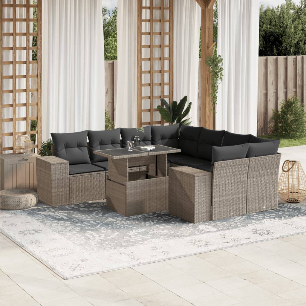 vidaXL 9-tlg. Garten-Sofagarnitur mit Kissen Hellgrau Poly Rattan