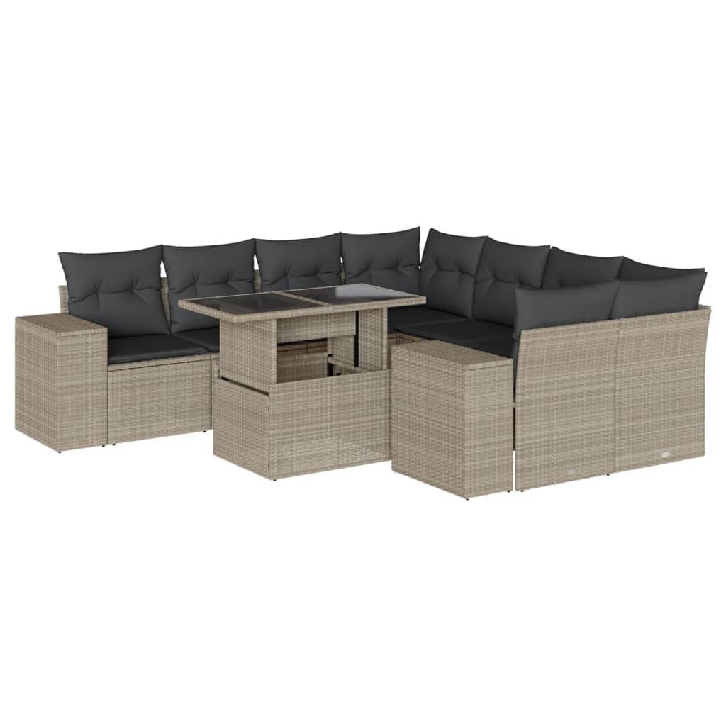 vidaXL 9-tlg. Garten-Sofagarnitur mit Kissen Hellgrau Poly Rattan
