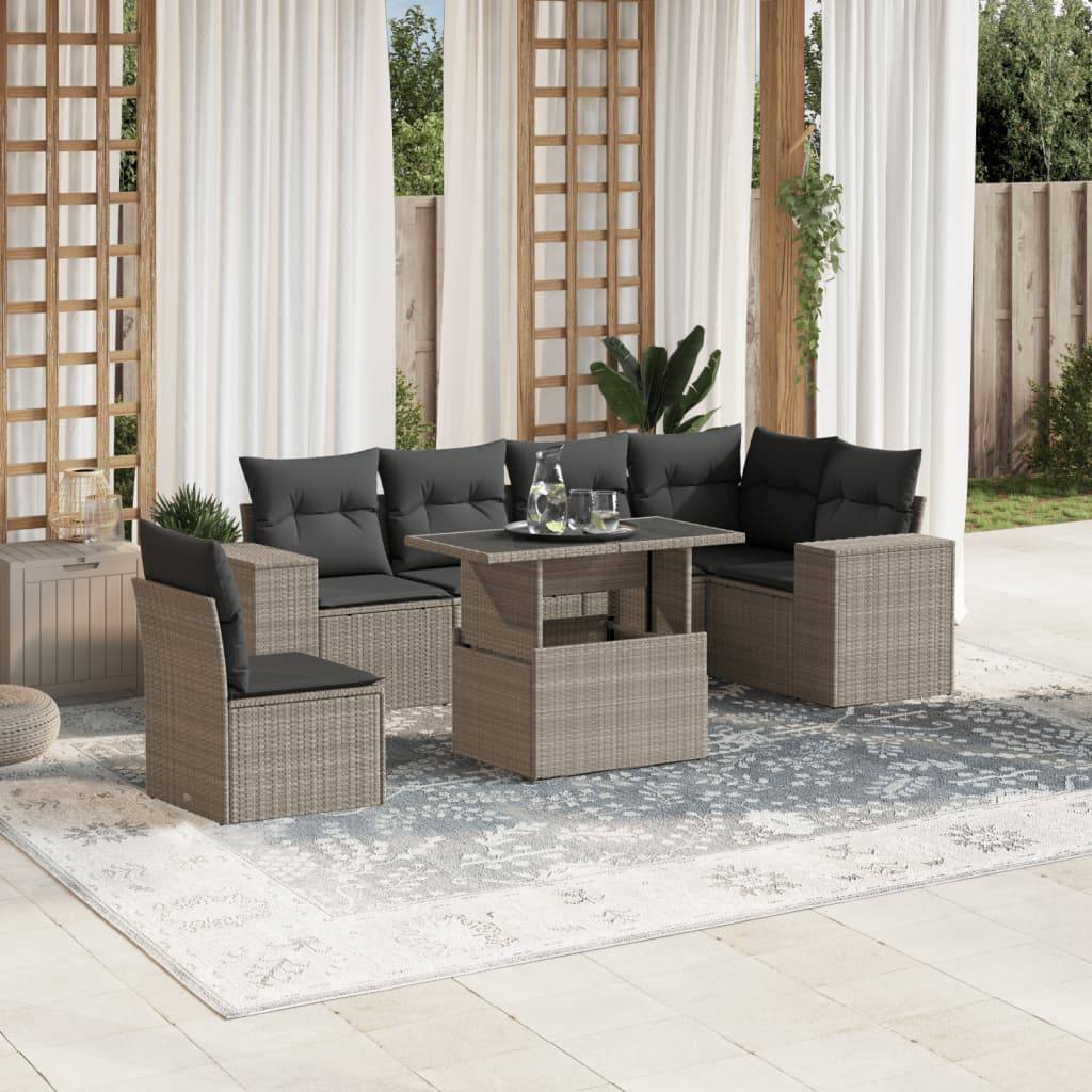 vidaXL 7-tlg. Garten-Sofagarnitur mit Kissen Hellgrau Poly Rattan